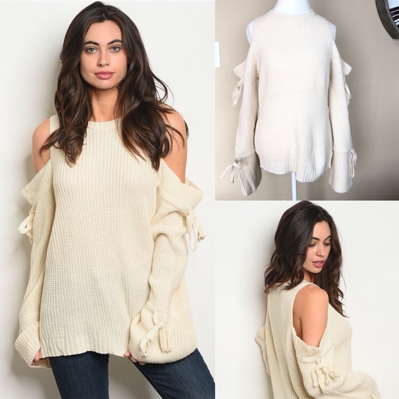 💕HP💕Cream Cold Shoulder Bell Sleeve Knit Sweater - Picture 7 of 7